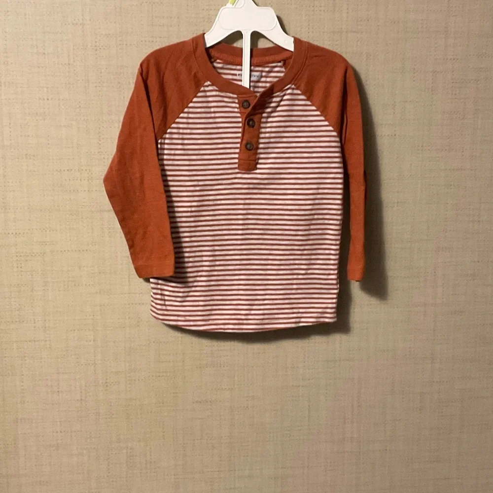 Cat & Jack Long Sleeve Striped Henley - Rust and White